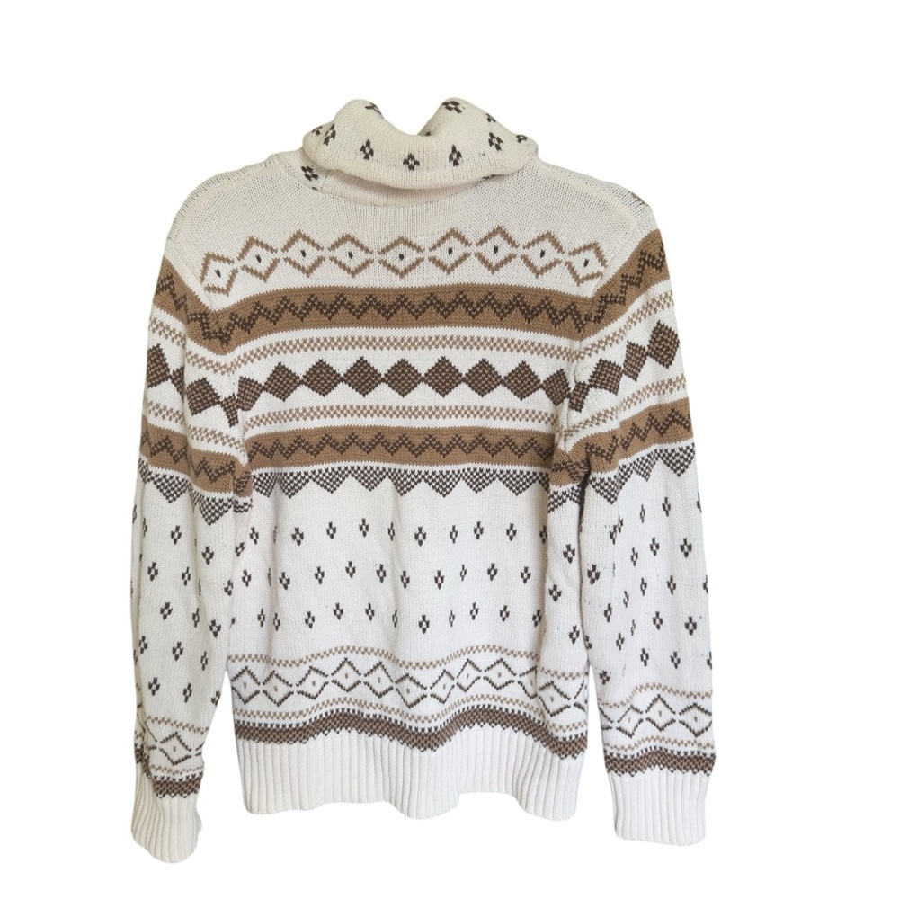 Chaps Fair Isle Cowl Neck Sweater Cream Tan Brown Geometric Knit Nordic Cozy XL - Picture 2 of 5
